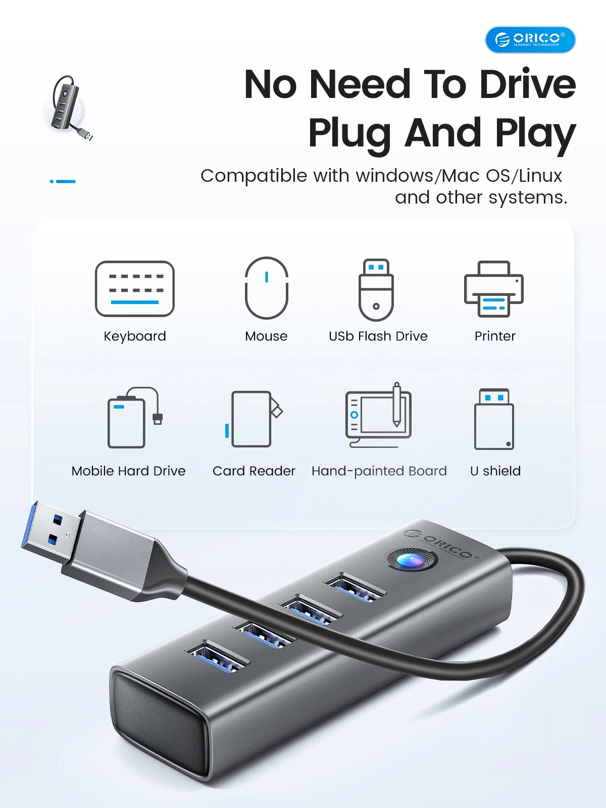 ORICO Member 4-Портовый концентратор USB 3.0 из алюминиевого сплава Plug And Play Mini Socket hub/USB-разветвитель 4 Порта высокоскоростной передачи данных 5 Гбит/с . ' - ' . 5