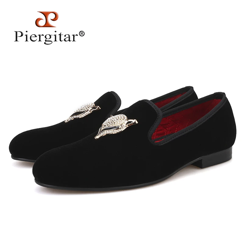 Piergitar/ Новые стильные мужские бархатные туфли с пряжкой в виде лисы и страз, свадебные лоферы, тапочки для курения, мужские туфли на плоской подошве, размер США 4-17 . ' - ' . 0