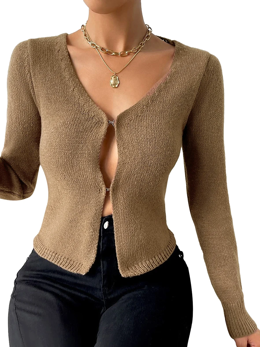 Женский свитер-кардиган крупной вязки с V-образным вырезом и застежкой на пуговицы - Модная уличная одежда для электронных девочек . ' - ' . 4