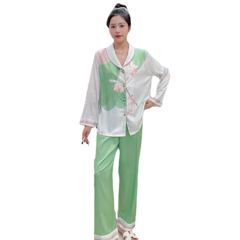 Пижама из ледяного шелка для женщин 2023, новый комплект брюк с длинными рукавами, весенне-осенняя домашняя одежда . ' - ' . 4